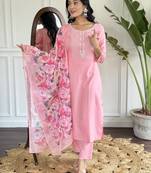 Pink Rayon Slub Fabric Straight Kurta, Pant and Dupatta Set