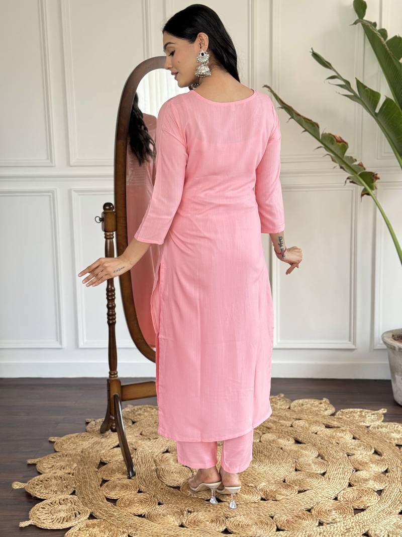 Pink Rayon Slub Fabric Straight Kurta, Pant and Dupatta Set