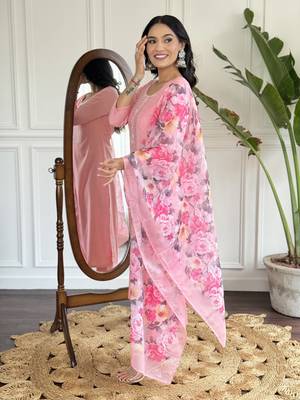 Pink Rayon Slub Fabric Straight Kurta, Pant and Dupatta Set 3