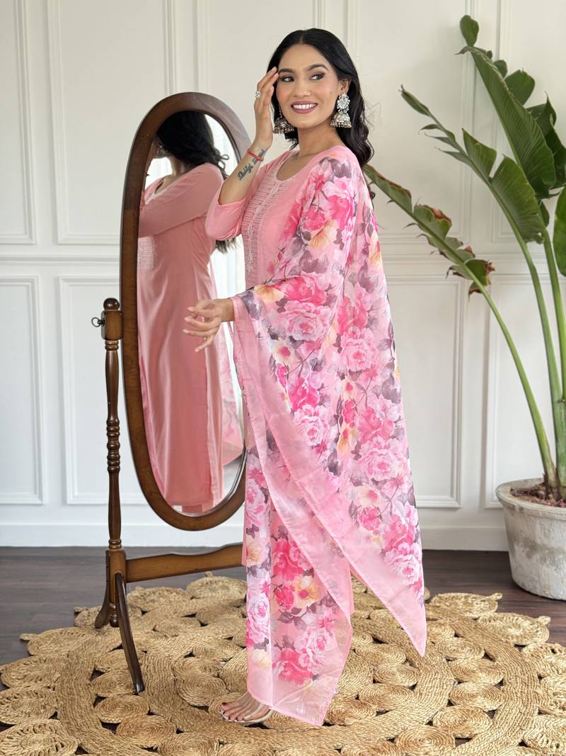 Pink Rayon Slub Fabric Straight Kurta, Pant and Dupatta Set
