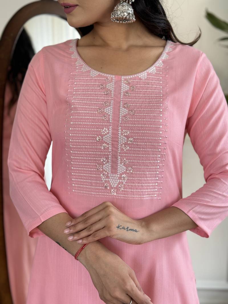 Pink Rayon Slub Fabric Straight Kurta, Pant and Dupatta Set