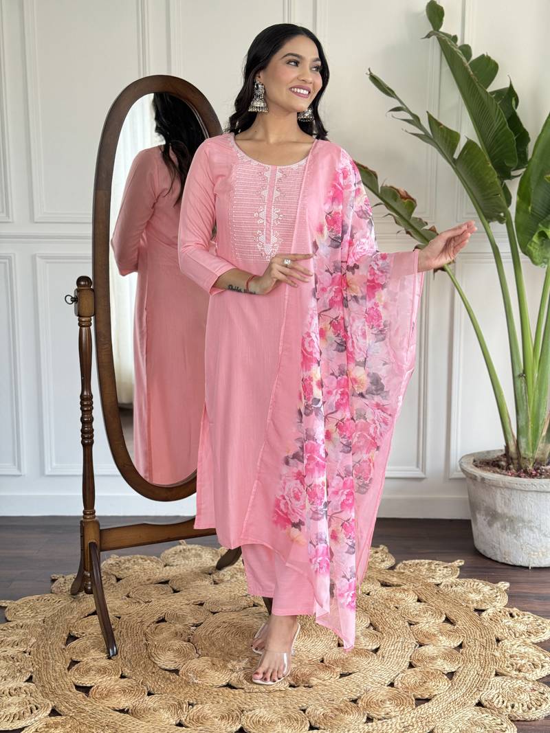 Pink Rayon Slub Fabric Straight Kurta, Pant and Dupatta Set