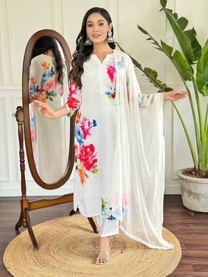 Floral French Crepe Fabric Straight Kurta, Pant and Dupatta Set 1