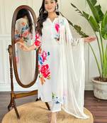 Floral French Crepe Fabric Straight Kurta, Pant and Dupatta Set