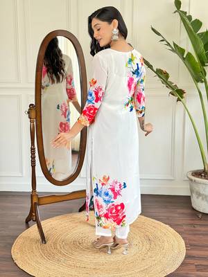Floral French Crepe Fabric Straight Kurta, Pant and Dupatta Set 2