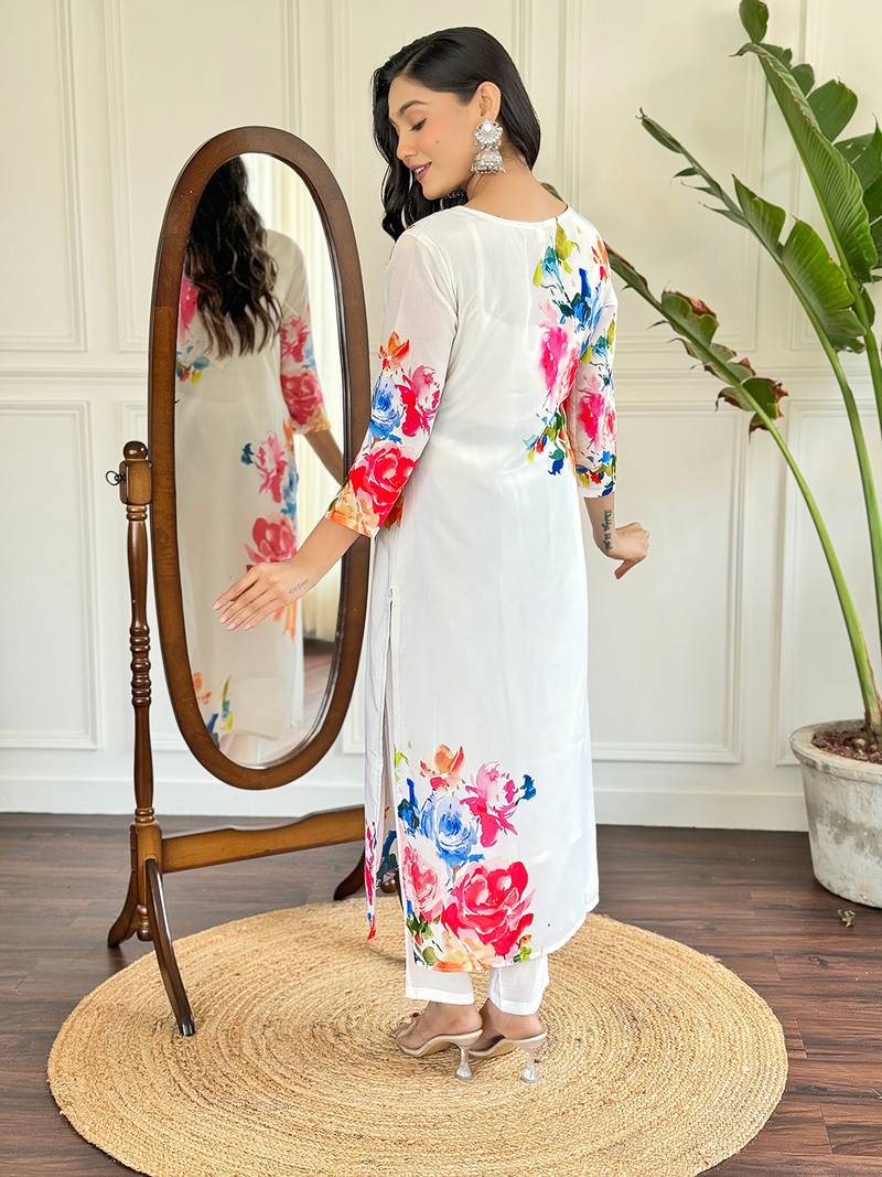 Floral French Crepe Fabric Straight Kurta, Pant and Dupatta Set