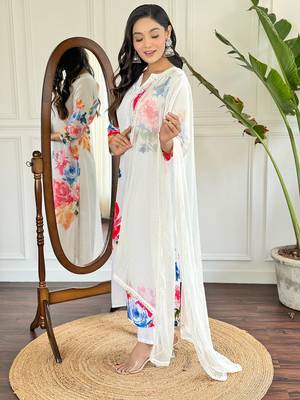 Floral French Crepe Fabric Straight Kurta, Pant and Dupatta Set 3