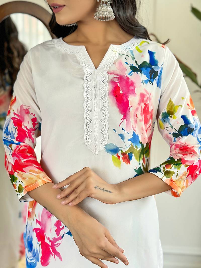 Floral French Crepe Fabric Straight Kurta, Pant and Dupatta Set