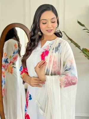 Floral French Crepe Fabric Straight Kurta, Pant and Dupatta Set 5