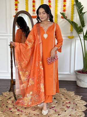 Orange Embroidered Viscose Chanderi Fabric Straight Kurta, Pant and Dupatta Set 1