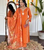 Orange Embroidered Viscose Chanderi Fabric Straight Kurta, Pant and Dupatta Set