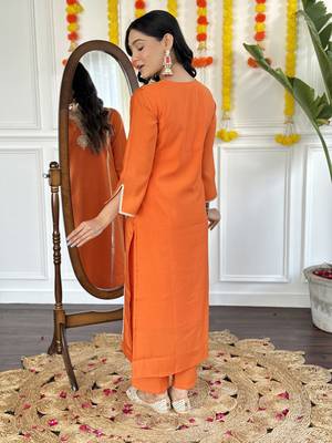 Orange Embroidered Viscose Chanderi Fabric Straight Kurta, Pant and Dupatta Set 2