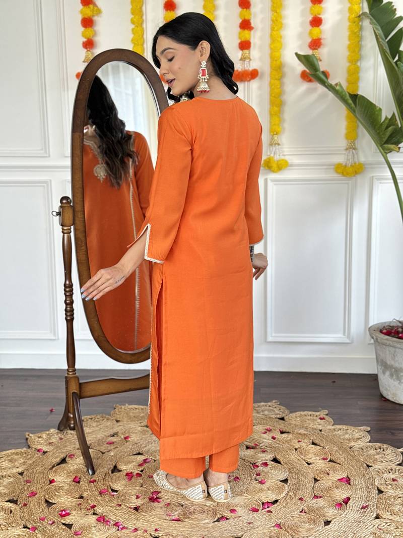 Orange Embroidered Viscose Chanderi Fabric Straight Kurta, Pant and Dupatta Set