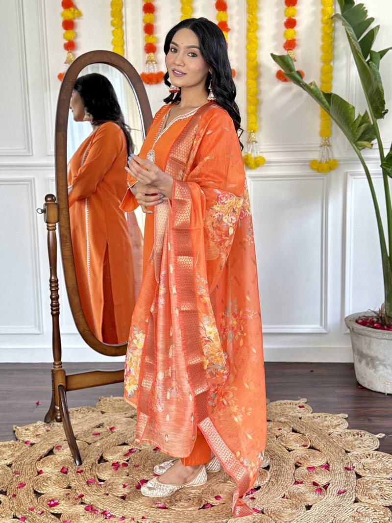 Orange Embroidered Viscose Chanderi Fabric Straight Kurta, Pant and Dupatta Set