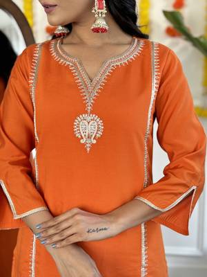 Orange Embroidered Viscose Chanderi Fabric Straight Kurta, Pant and Dupatta Set 4