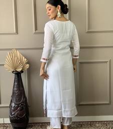 White Woven Embroidered Chanderi Fabric Straight Kurta, Pant and Dupatta Set