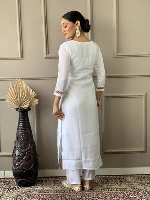 White Woven Embroidered Chanderi Fabric Straight Kurta, Pant and Dupatta Set 2