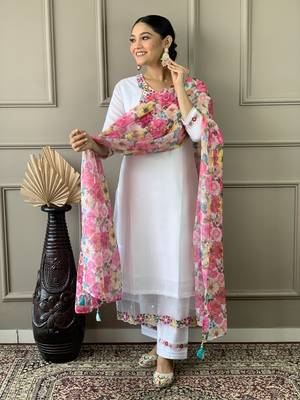 White Woven Embroidered Chanderi Fabric Straight Kurta, Pant and Dupatta Set 3