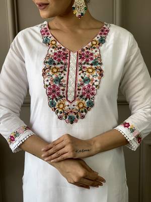 White Woven Embroidered Chanderi Fabric Straight Kurta, Pant and Dupatta Set 4