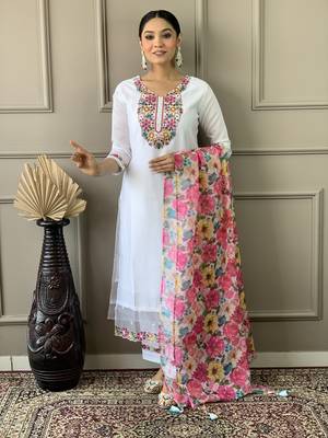 White Woven Embroidered Chanderi Fabric Straight Kurta, Pant and Dupatta Set 5