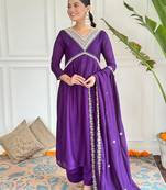 Embroidered Vichitra Silk Fabric Straight Kurta, Pant and Dupatta Set