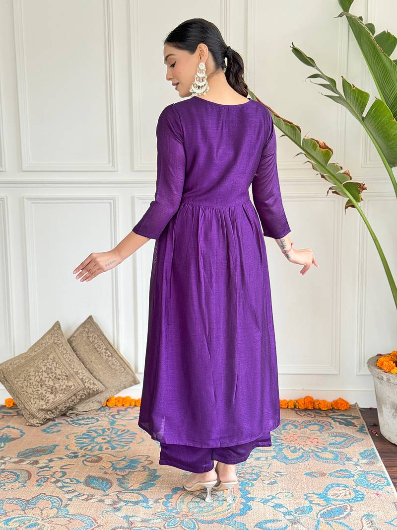 Embroidered Vichitra Silk Fabric Straight Kurta, Pant and Dupatta Set