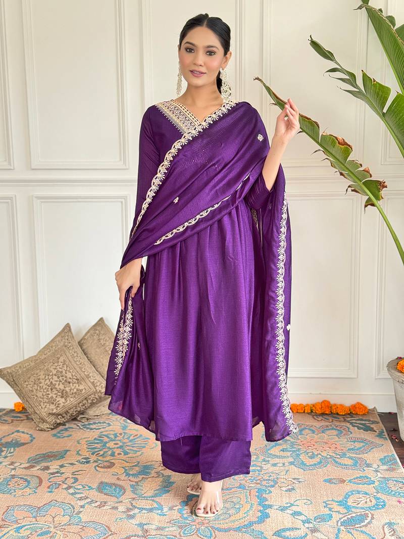 Embroidered Vichitra Silk Fabric Straight Kurta, Pant and Dupatta Set