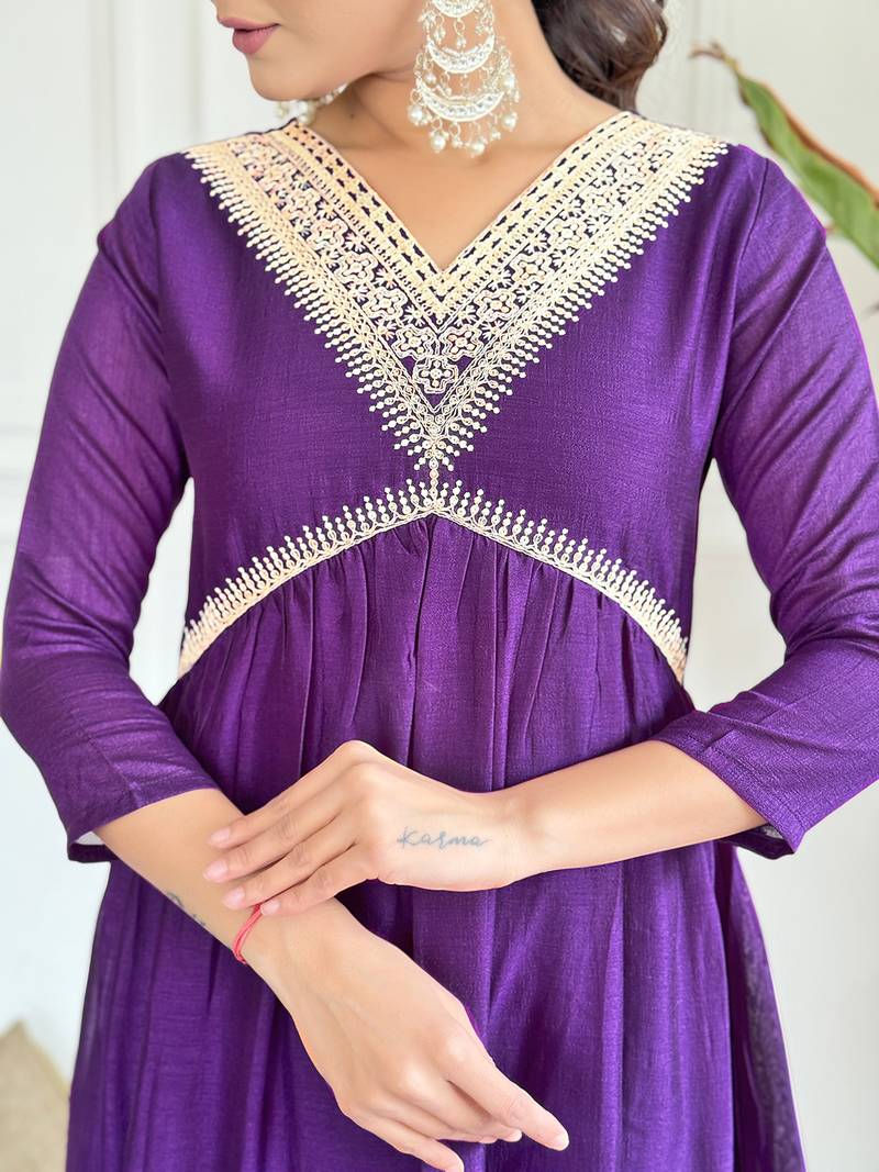 Embroidered Vichitra Silk Fabric Straight Kurta, Pant and Dupatta Set