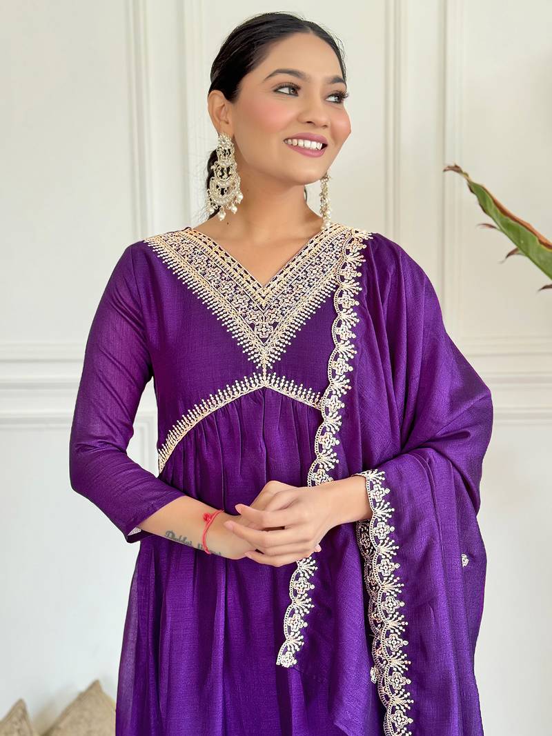 Embroidered Vichitra Silk Fabric Straight Kurta, Pant and Dupatta Set