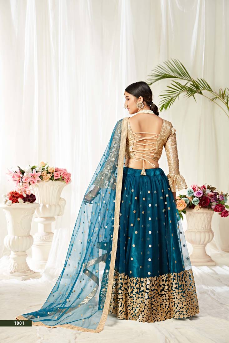 Sareez4u Blue Sequins Thread Embroiderey Work Soft Net Fabric Semi Stitched Party Wear Lehenga Choli With Dupatta Set