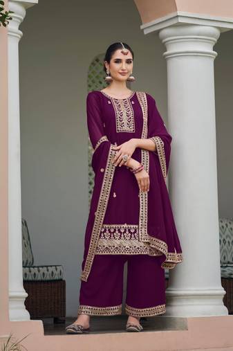 Sareez4u Wine, Sequence And Embroidery Work, Pure Georgette Fabric, Women Party Wear Salwar Kameez, Semi stitched