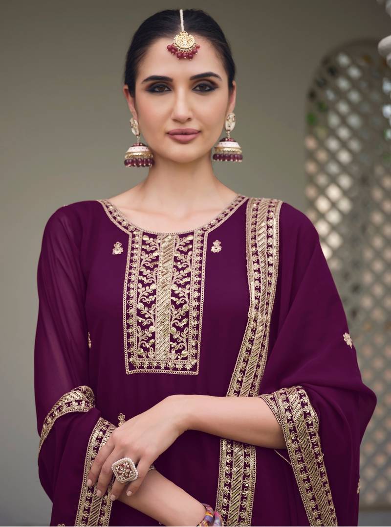 Sareez4u Wine, Sequence And Embroidery Work, Pure Georgette Fabric, Women Party Wear Salwar Kameez, Semi stitched