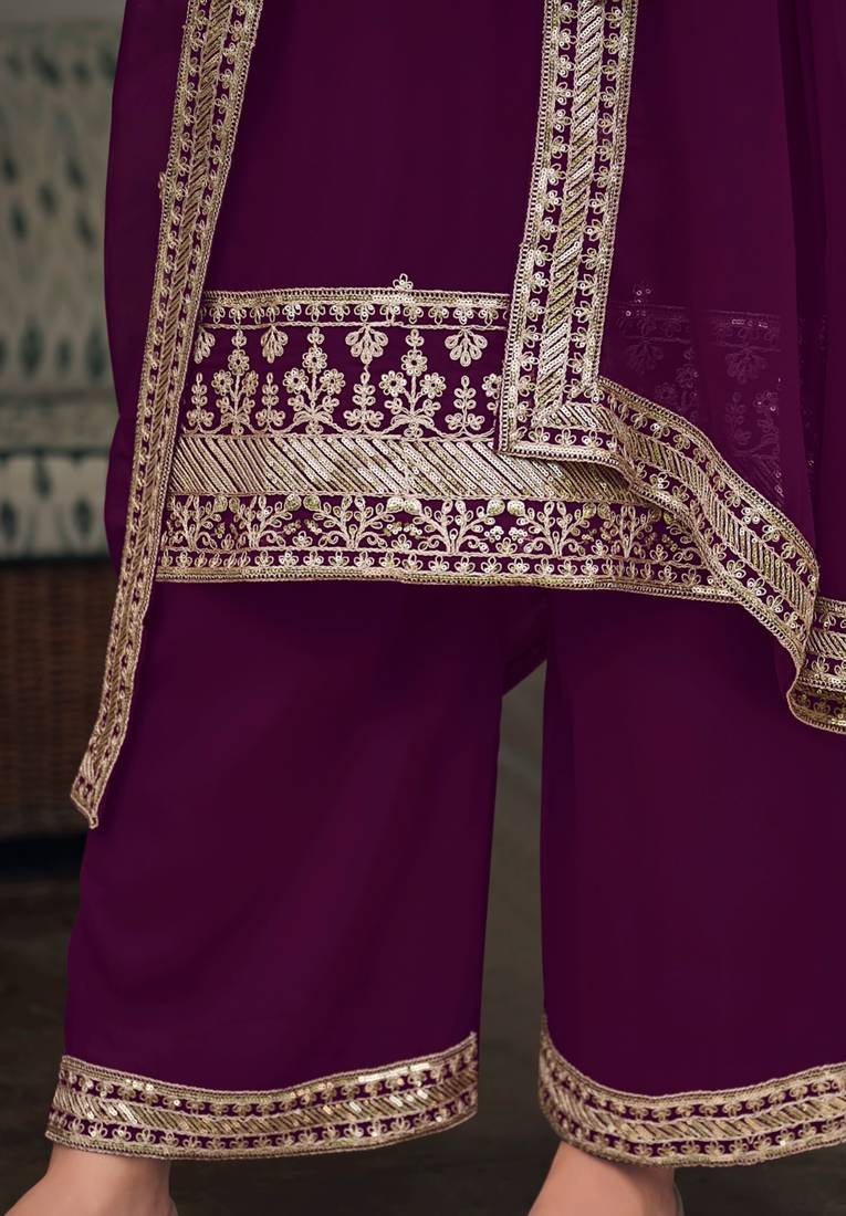 Sareez4u Wine, Sequence And Embroidery Work, Pure Georgette Fabric, Women Party Wear Salwar Kameez, Semi stitched