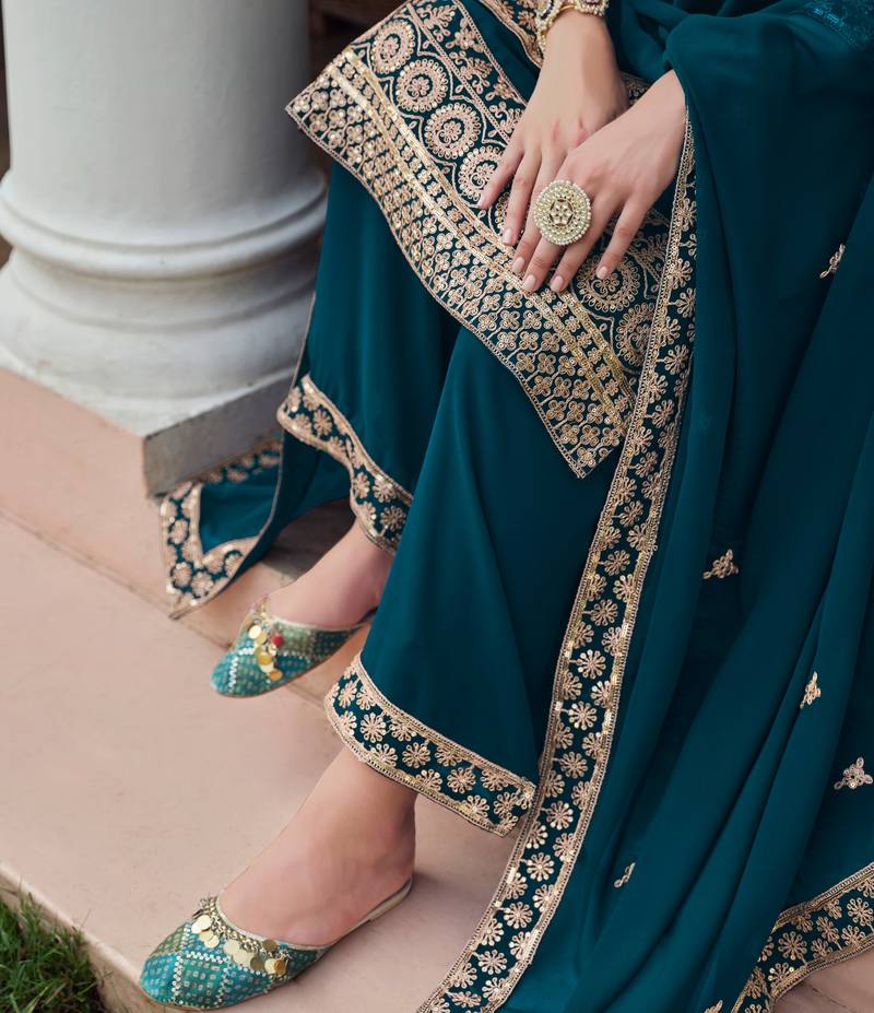 Sareez4u Blue, Sequence Embroidery Work, Pure Georgette Fabric, Women Party Wear Salwar Kameez Palazzo, Semi stitched