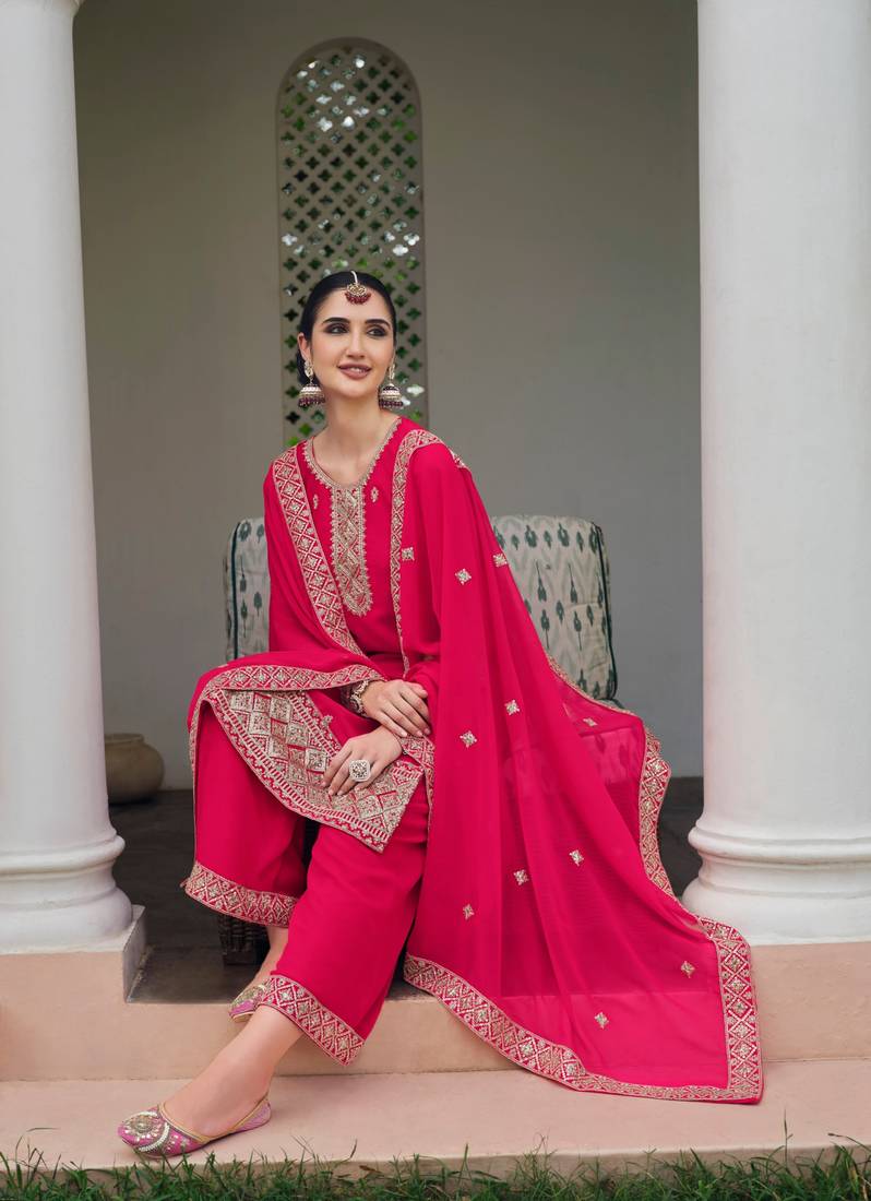 Sareez4u Pink, Sequence Embroidery Work, Pure Georgette Fabric, Women Party Wear Salwar Kameez Palazzo, Semi stitched