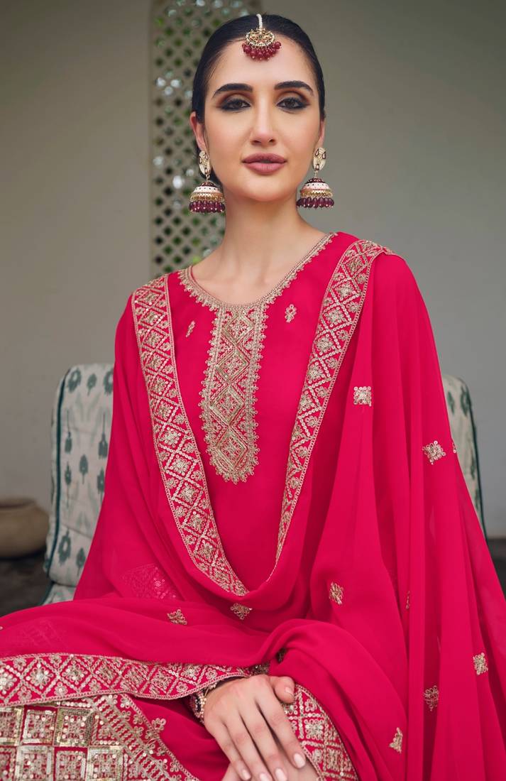 Sareez4u Pink, Sequence Embroidery Work, Pure Georgette Fabric, Women Party Wear Salwar Kameez Palazzo, Semi stitched