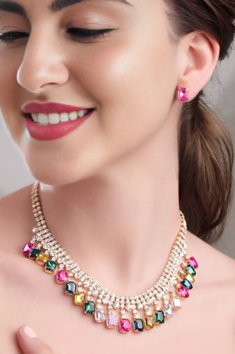 18 k gold plated dark multi color crystal ad gemstone-studded jewelry set