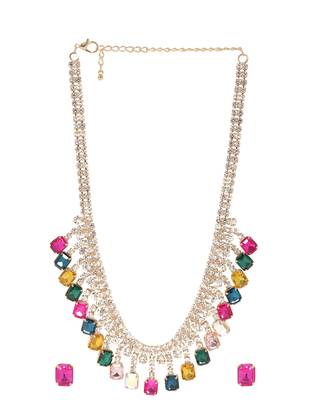 18 k gold plated dark multi color crystal ad gemstone-studded jewelry set 4