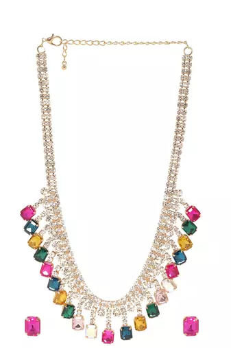 18 k gold plated dark multi color crystal ad gemstone-studded jewelry set