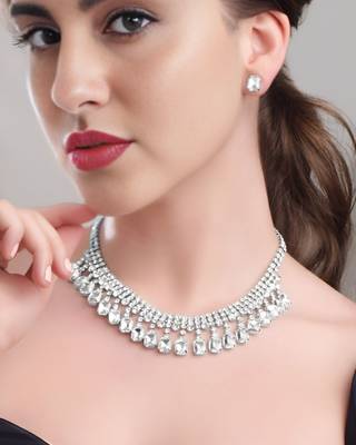 rhodium plated white color crystal ad gemstone-studded jewelry set 1