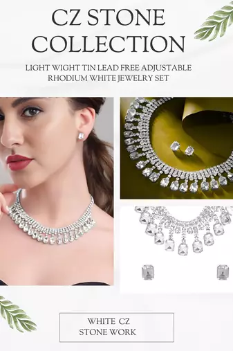 rhodium plated white color crystal ad gemstone-studded jewelry set