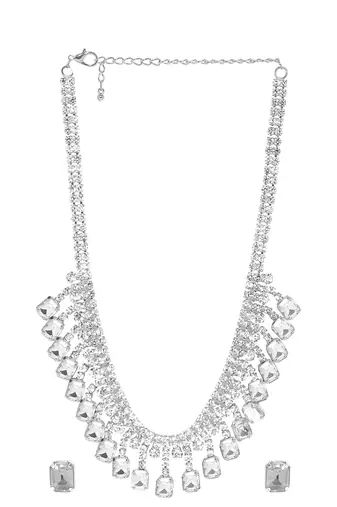 rhodium plated white color crystal ad gemstone-studded jewelry set