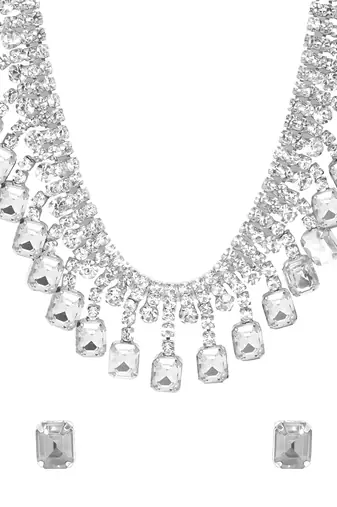 rhodium plated white color crystal ad gemstone-studded jewelry set