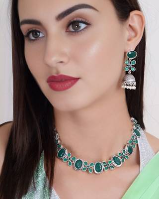 silver-plated ruby pink stone studded & beaded oxidised jewellery set 1