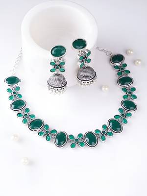 silver-plated ruby pink stone studded & beaded oxidised jewellery set 2