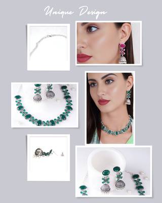 silver-plated ruby pink stone studded & beaded oxidised jewellery set 3