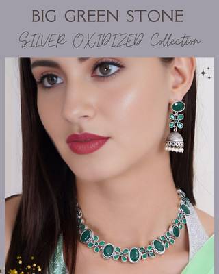 silver-plated ruby pink stone studded & beaded oxidised jewellery set 5