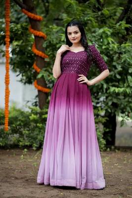 Wine faux georgette embroidery ombre print gown 1
