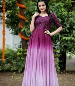 Wine faux georgette embroidery ombre print gown