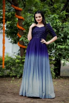 Blue faux georgette embroidery ombre print gown 1